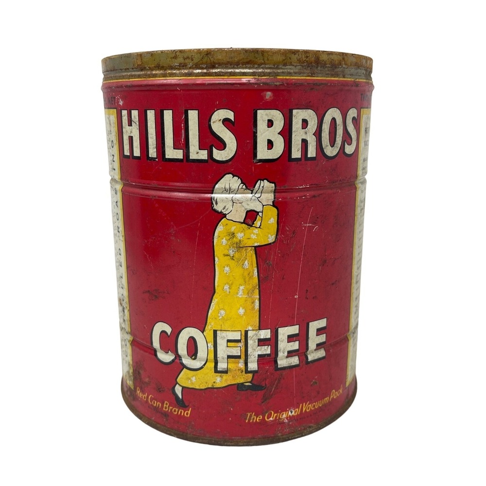 Hills Bros Coffee Vintage Coffee Tin Coffee‎ Advertising Tin Missing Lid 2 LB